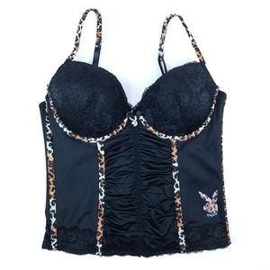 Playboy Intimates Black Leapord Teddy L Lace Satin
